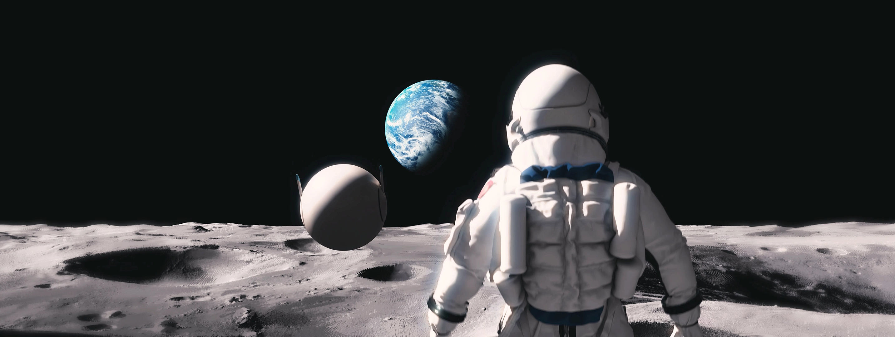 Extrait du film présentant le personnage principal et son compagnon le robot foulant le sol lunaire avec la terre en fond.