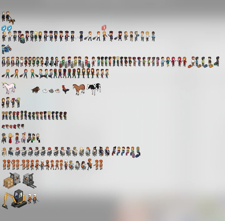 Planche en pixel art représentant tous les personnages présents dans les oeuvres